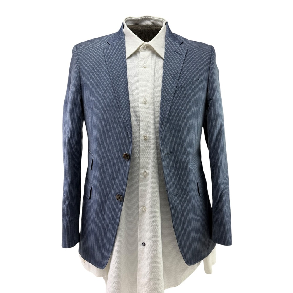 Tommy Hilfiger Mens 36S Blue Pinstripe Wool Linen Two Button Blazer Sport Coat